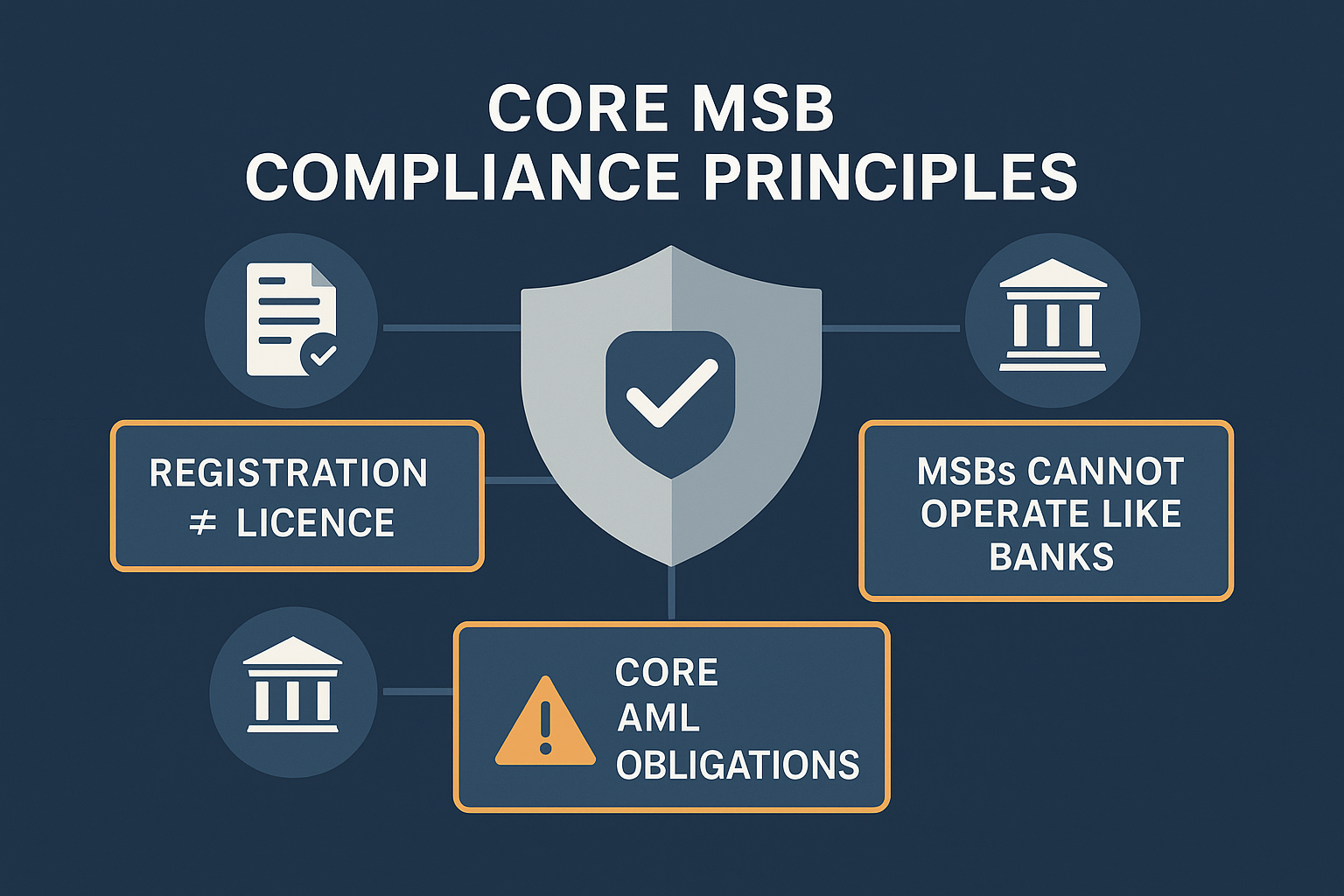 “Infographic titled Core MSB Compliance Principles showing a central shield icon connected to three labelled boxes: Registration ≠ Licence, MSBs Cannot Operate Like Banks, and Core AML Obligations. Designed in AML Incubator’s dark blue, gray, and orange palette with clean vector icons representing documents, regulators, and alerts.