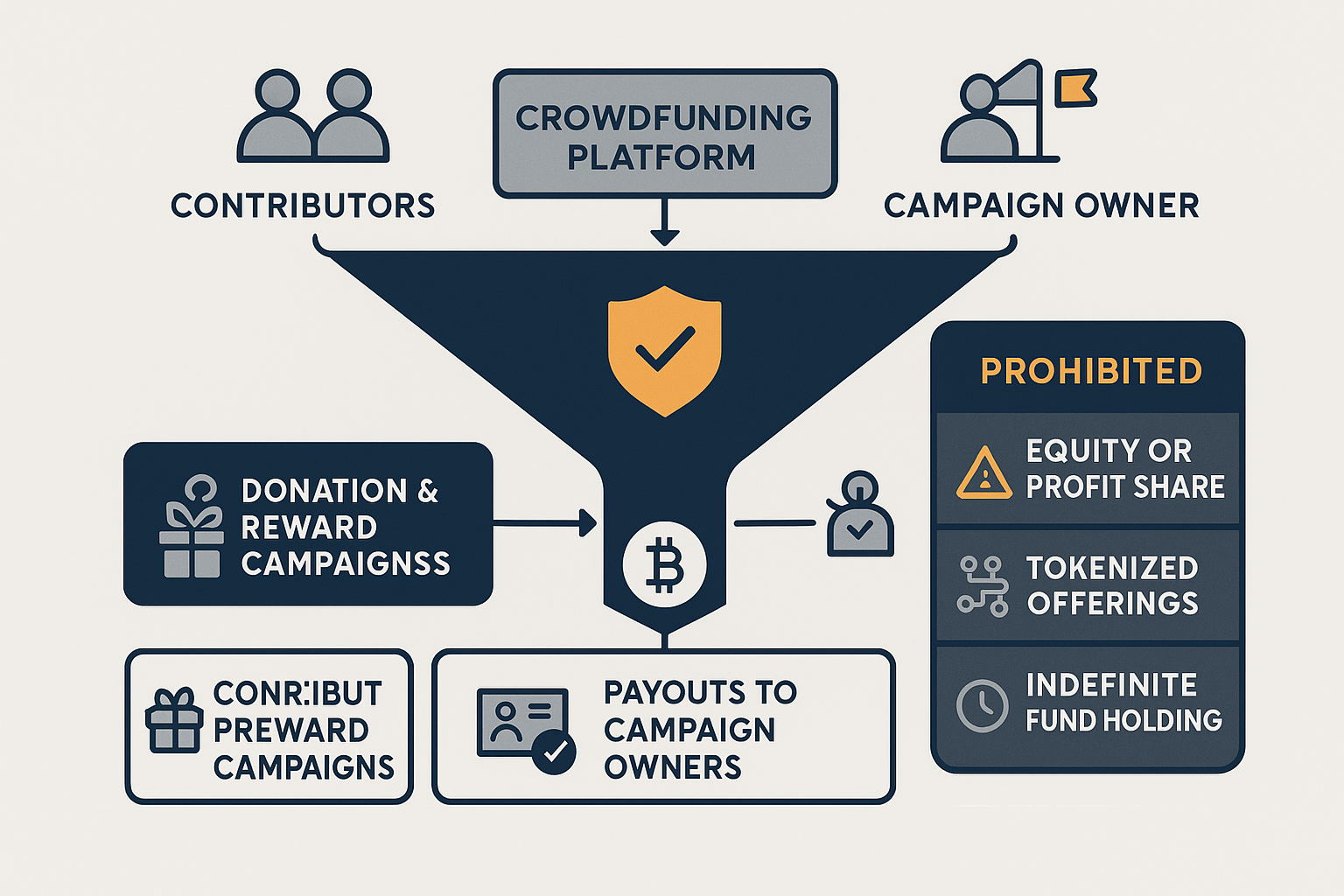 Wide infographic showing how crowdfunding MSBs operate. A central funnel labeled Crowdfunding Platform connects contributors to campaign owners, with allowed activities such as donation and reward campaigns and payouts to campaign owners displayed below. A prohibited section highlights equity or profit share, tokenized offerings, and indefinite fund holding. Design uses AML Incubator’s dark blue, gray, and orange vector style with clear icons and strong margins.