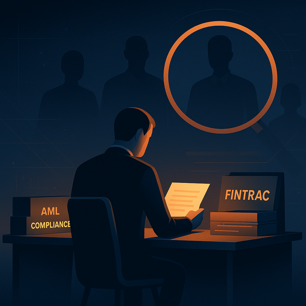 ChatGPT said: Alt text: “Stylized digital illustration showing a compliance officer reviewing documents labeled AML Compliance and FINTRAC under a warm orange light, with calm shadowy examiner silhouettes in the background and a large magnifying glass symbolizing regulatory oversight. The scene uses dark navy and orange tones, conveying professionalism and focus.