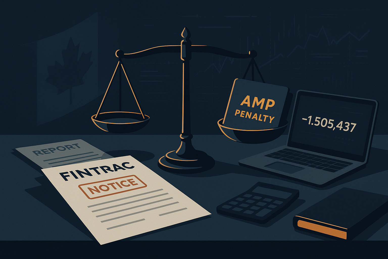 Illustration of FINTRAC enforcement in Canada showing a justice scale weighed down by an AMP penalty folder, a FINTRAC notice, calculator, and laptop with negative balance on a dark office desk — symbolizing rising compliance fines and regulatory pressure in 2025.