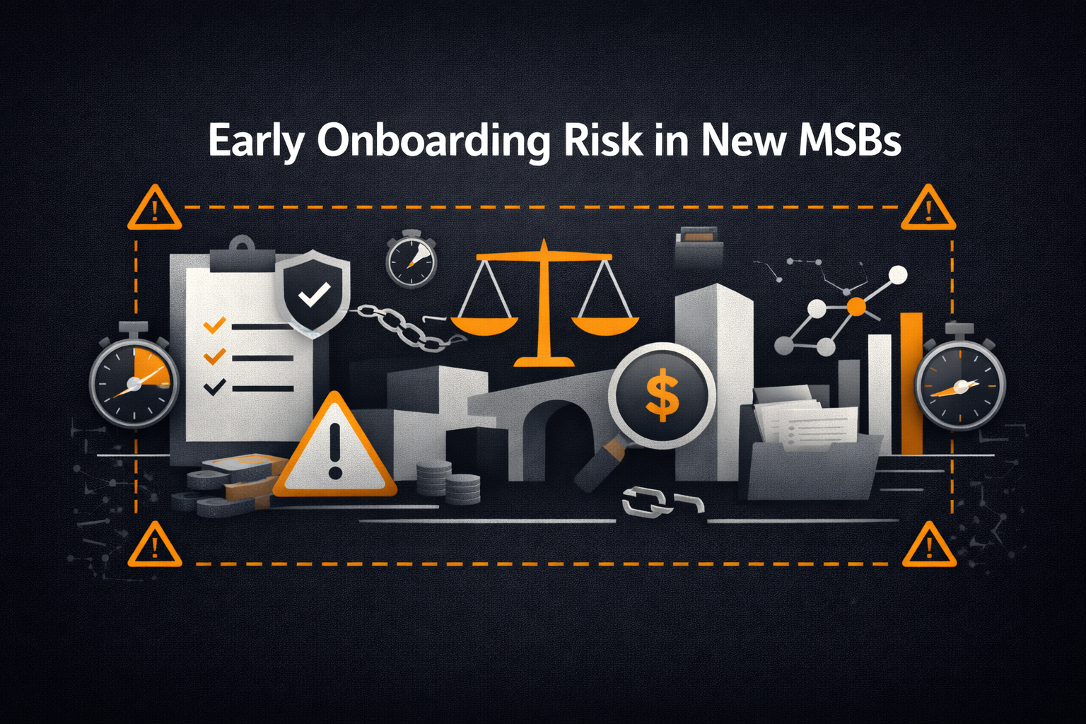 Minimalist compliance header showing a newly launched money services business facing elevated onboarding risk from higher-risk or deceptive applicants through abstract institutional shapes on a dark background.