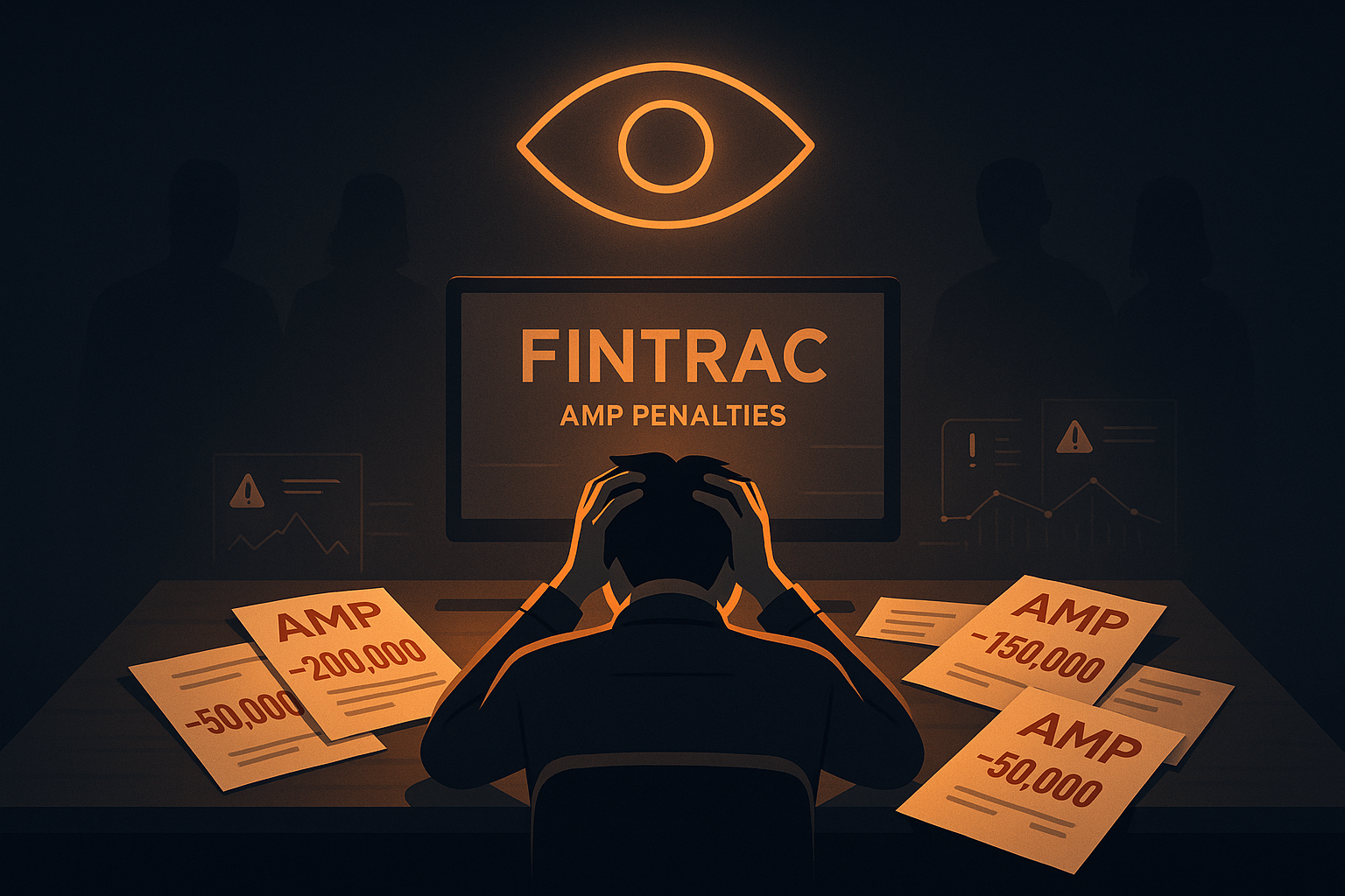 Stylized illustration of a compliance officer viewed from behind, clutching his hair in frustration at a desk covered with AMP penalty documents showing large negative amounts, while a glowing orange FINTRAC eye symbol looms above a monitor labeled ‘FINTRAC AMP Penalties,’ symbolizing regulatory oversight and financial pressure.