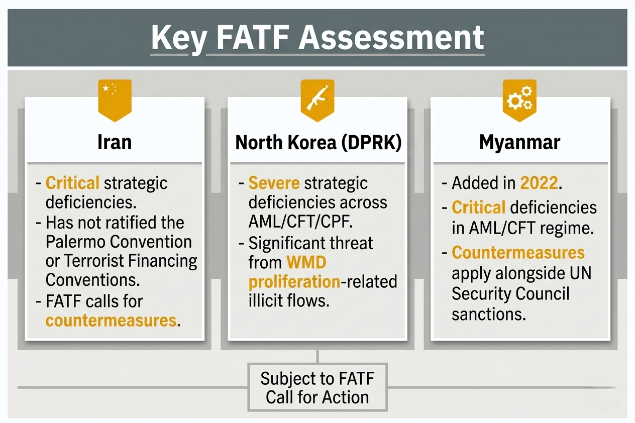The infographic, titled "Key FATF Assessment," details three countries currently subject to a "FATF Call for Action" due to high-risk strategic deficiencies. Iran is highlighted for its critical deficiencies and failure to ratify the Palermo and Terrorist Financing Conventions, prompting a call for countermeasures. North Korea (DPRK) is cited for severe deficiencies across AML/CFT/CPF frameworks and its significant threat regarding WMD proliferation-related illicit flows. Finally, Myanmar, added in 2022, is noted for critical deficiencies in its AML/CFT regime, with countermeasures applied in conjunction with UN Security Council sanctions.