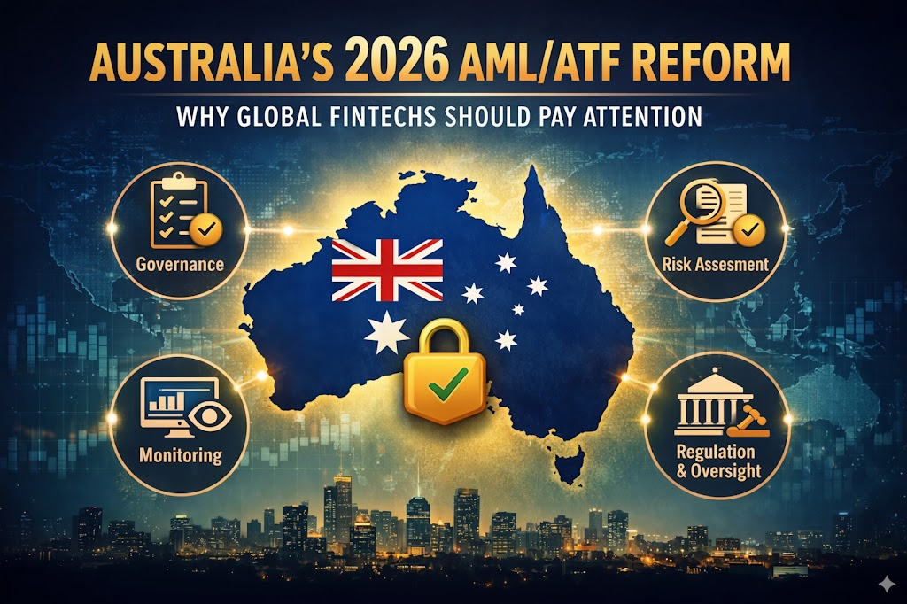 Minimalist compliance header illustrating Australia’s 2026 AML/CTF reform, showing governance, risk assessment, monitoring effectiveness, and regulatory oversight on a dark institutional background.