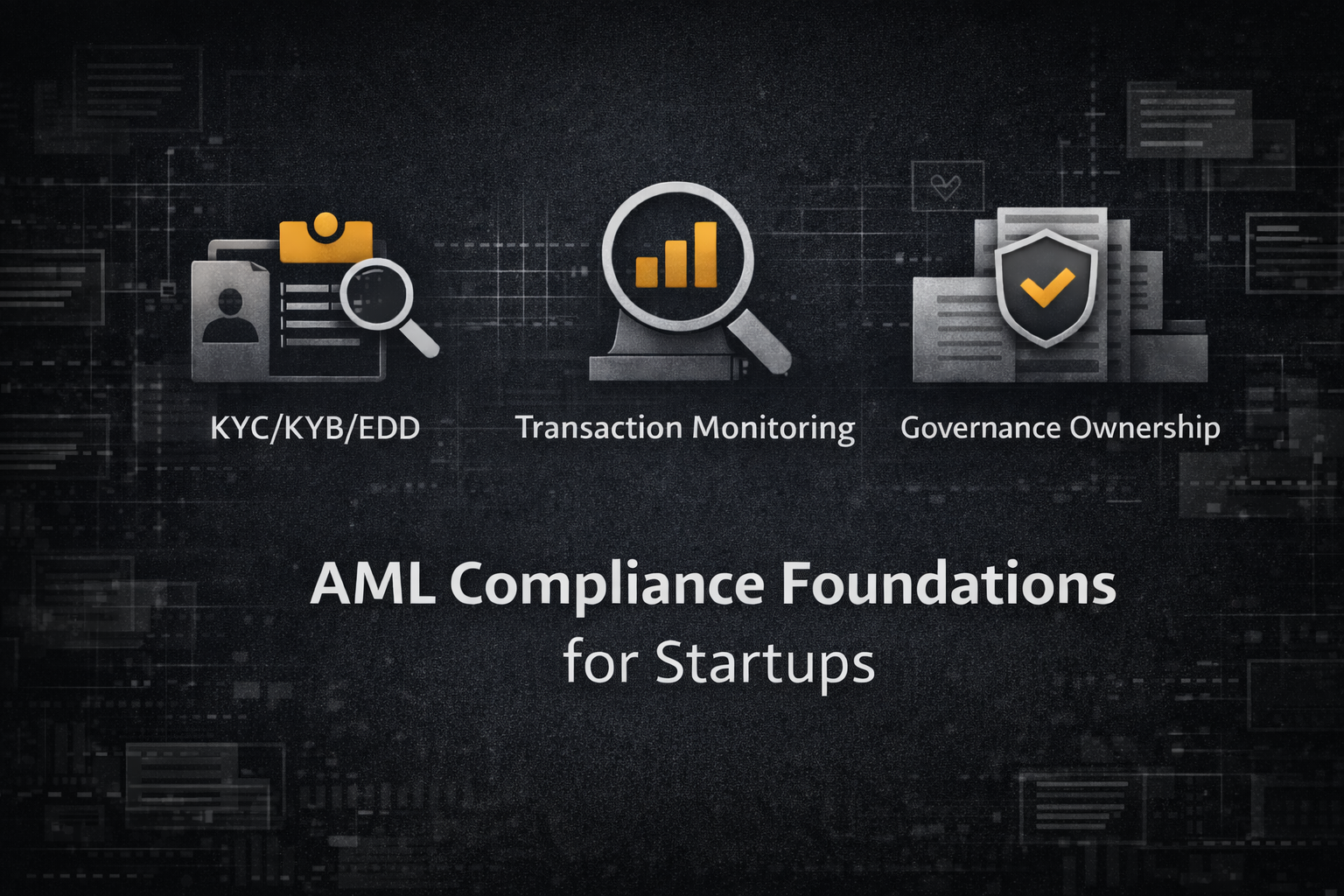 Minimalist compliance header illustrating AML foundations for startups, including KYC/CDD, transaction monitoring, governance ownership, and evidence controls on a dark institutional background.