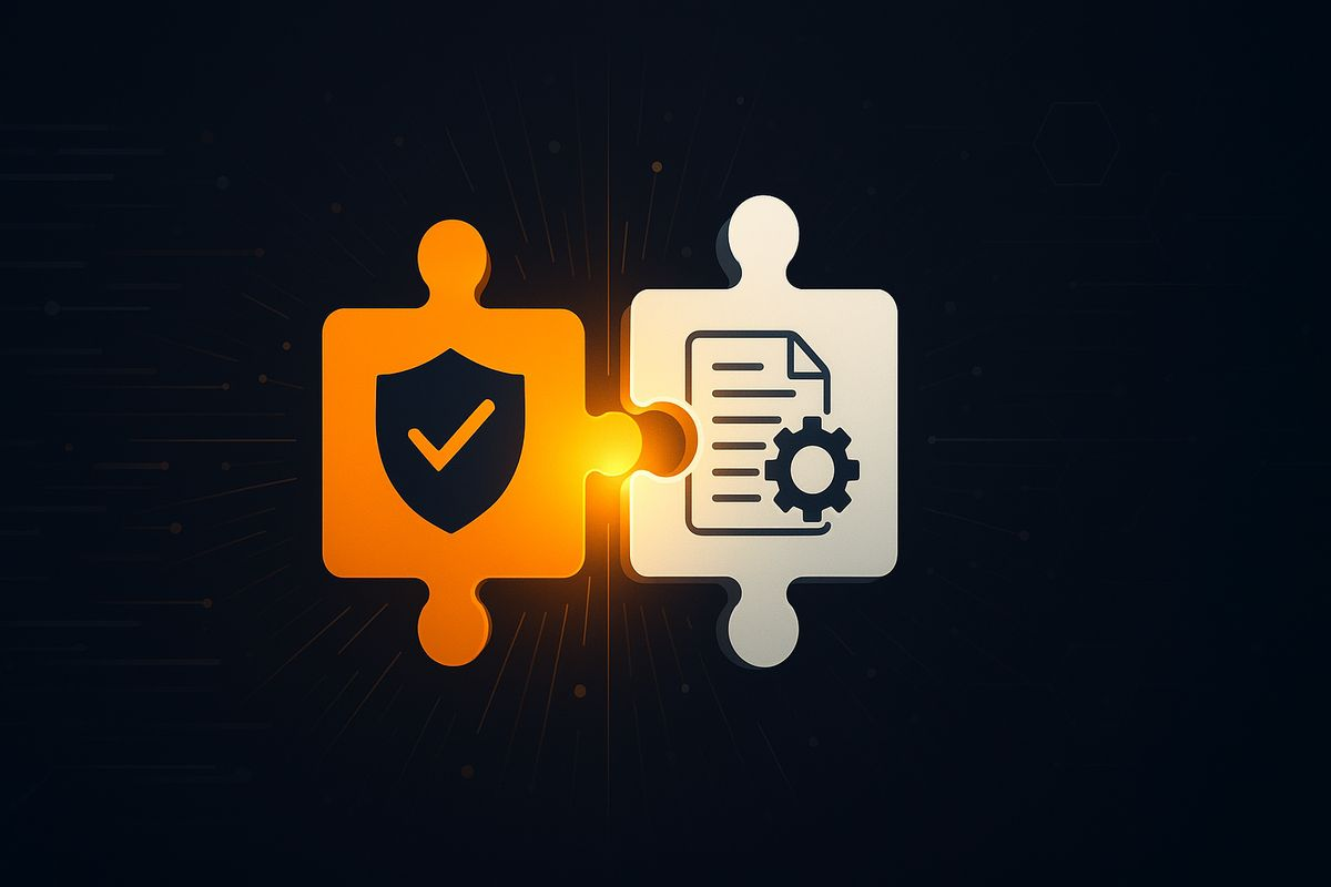 Illustration of two puzzle pieces (one with a shield and one with a document) connecting, symbolizing the partnership between in-house teams and outsourced compliance services.