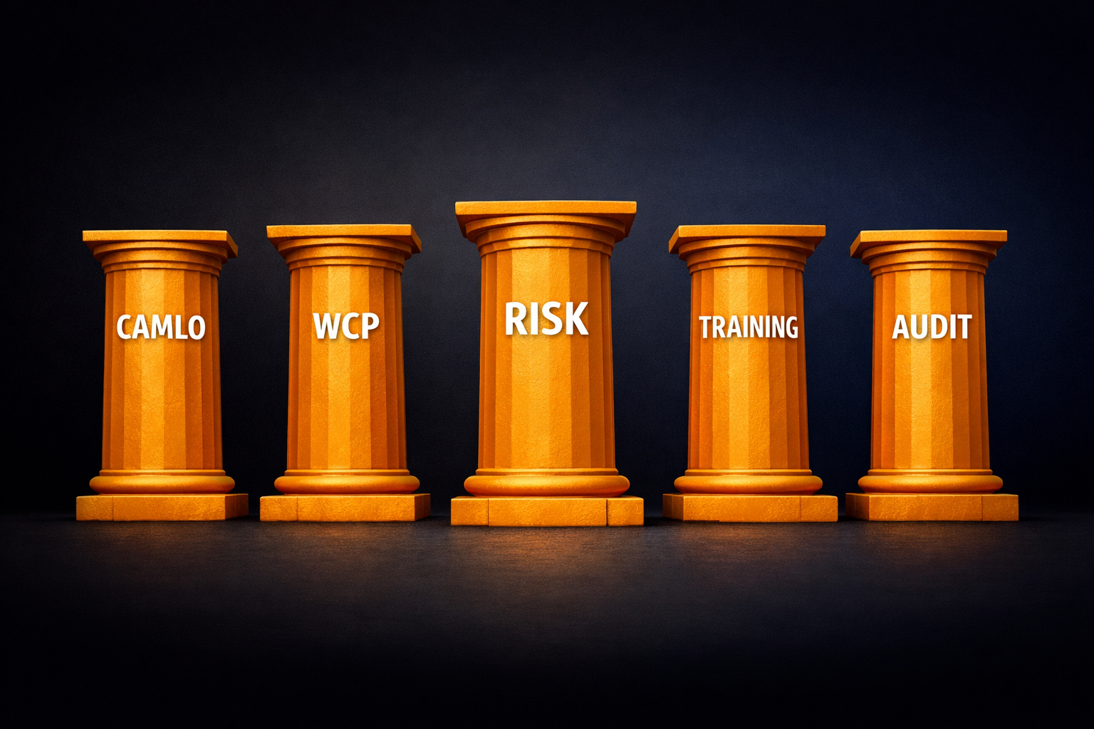 Five orange Greek style pillars on a dark background, each labeled CAMLO, WCP, RISK, TRAINING, and AUDIT, representing the core pillars of MSB AML compliance under FINTRAC.