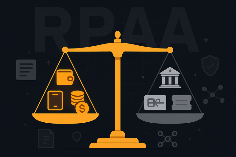 Flat vector illustration showing RPAA compliance in Canada. A glowing orange-gold scale balances in-scope PSPs like digital wallets, remittance firms, and fintech apps against exempt entities such as banks, gift cards, and closed-loop systems in gray, symbolizing who must register under the Retail Payment Activities Act.