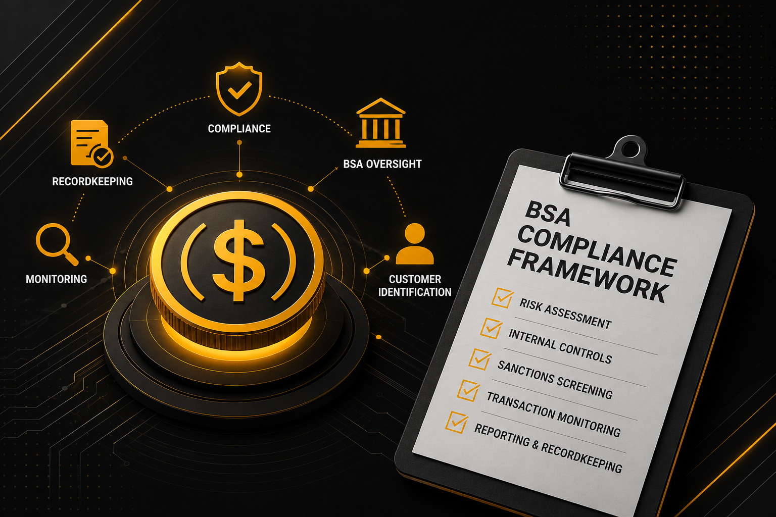 Infographic illustrating the Bank Secrecy Act (BSA) compliance framework for stablecoin issuers under the GENIUS Act. A digital stablecoin sits at the center of key AML compliance functions, including transaction monitoring, customer identification (CIP/KYC), recordkeeping, regulatory oversight, and sanctions compliance. A compliance checklist highlights risk assessment, internal controls, sanctions screening, transaction monitoring, and reporting obligations for U.S. stablecoin issuers preparing for FinCEN BSA requirements