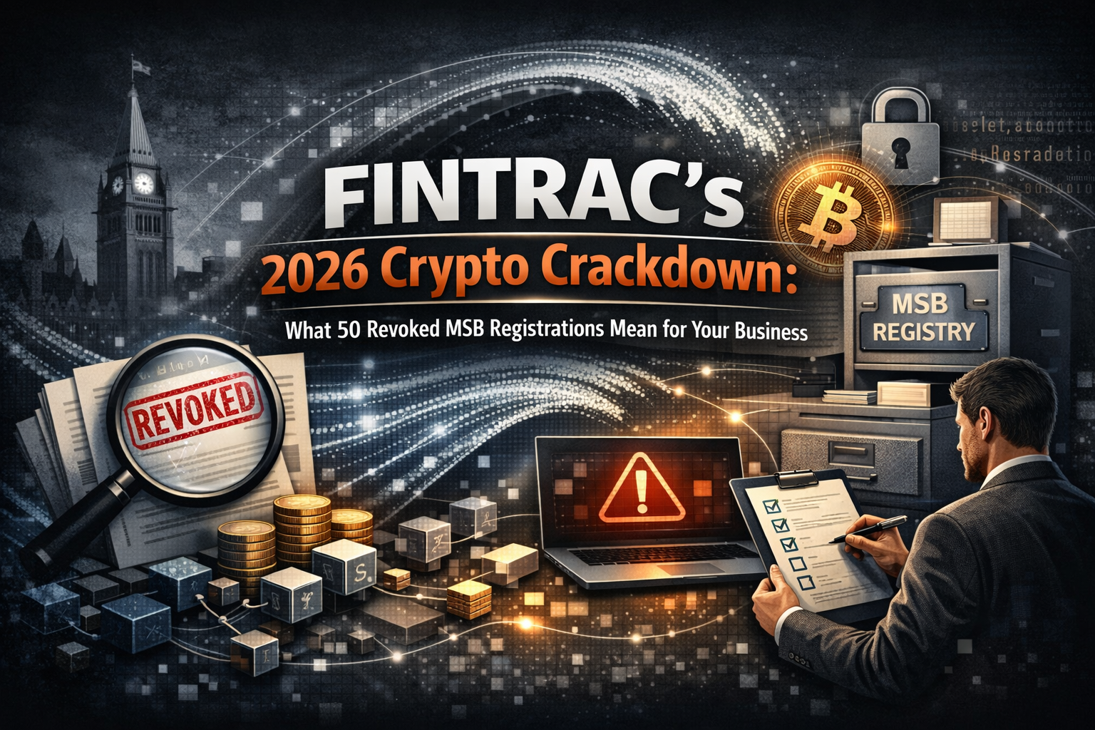 Abstract compliance illustration showing a regulatory enforcement wave moving through Canada's crypto MSB landscape, with institutional shapes suggesting scrutiny, revocation, and compliance oversight on a dark background.