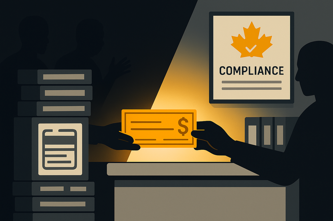 Flat vector illustration showing a cheque cashing business under FINTRAC regulation, with a storefront labeled “Cheque Casher” connected to compliance documents, ID verification, and transaction monitoring icons. The design highlights AML compliance, MSB registration, and regulatory oversight for Canadian cheque cashers after April 2025.