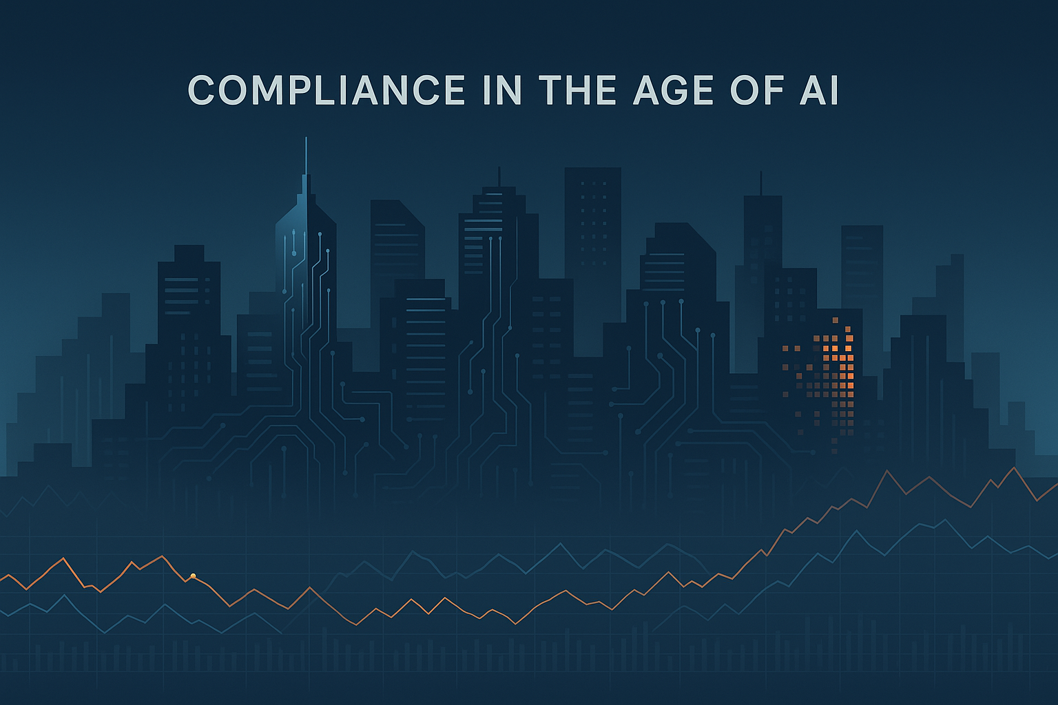 Futuristic city skyline visualizing AI-driven compliance systems with circuit-style buildings and financial data graphs, representing modern AML and risk monitoring in the age of artificial intelligence.