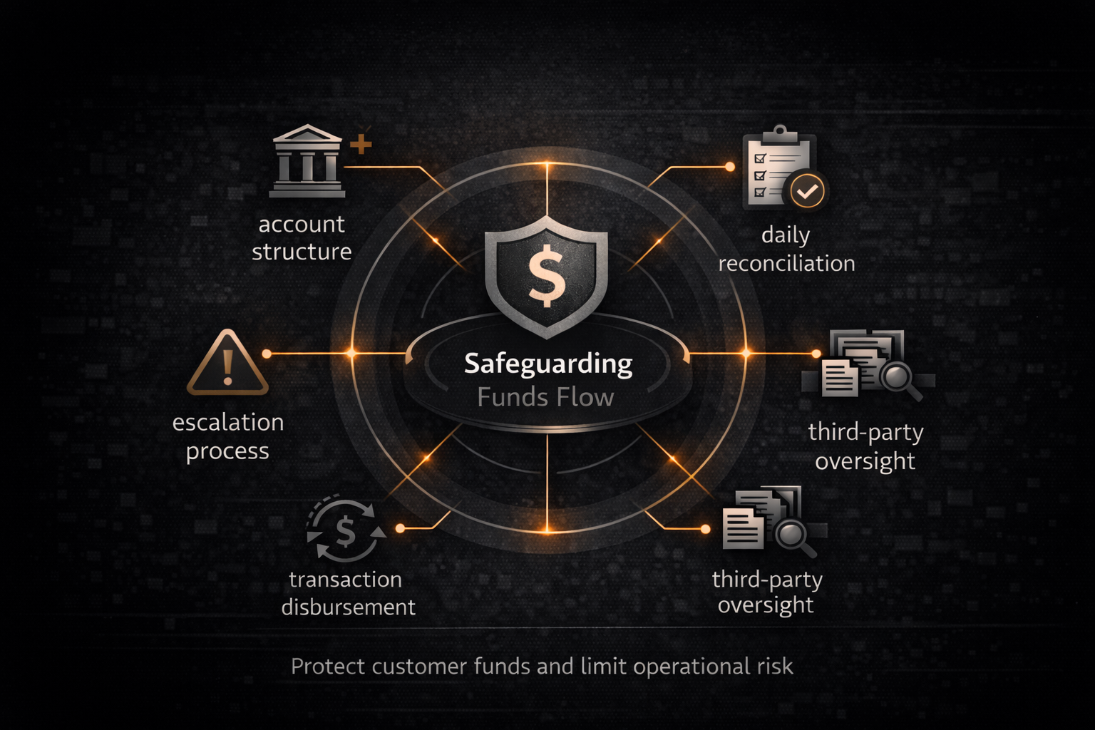 Safeguarding funds flow infographic for payment service providers, highlighting account structure, daily reconciliation, transaction disbursement, escalation process, third-party oversight, customer fund protection, and operational risk controls.