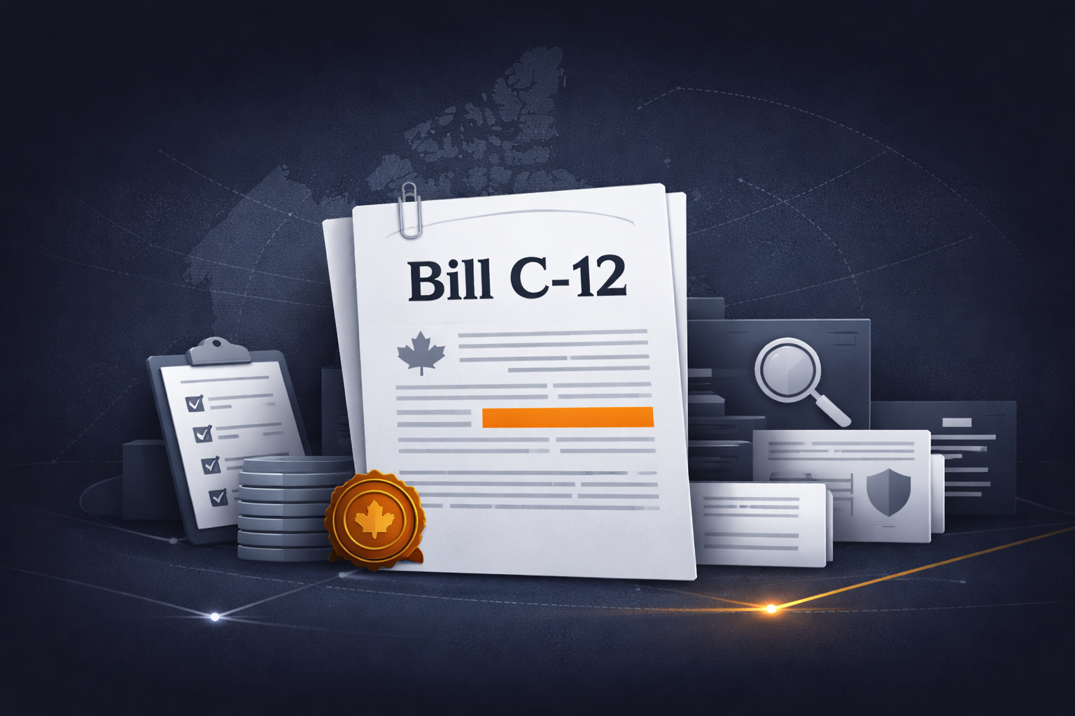 Bill C-12 and AML compliance in Canada illustrated with regulatory documents, Canadian symbols, and financial oversight concepts for MSBs, fintechs, and crypto businesses.