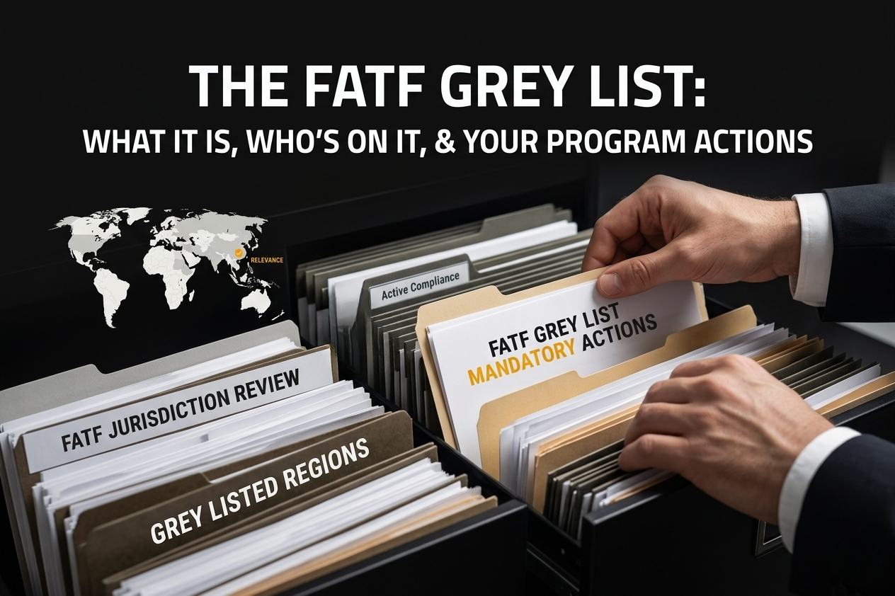 Infographic showing the FATF grey-listing and blacklist, with key jurisdictions, risk implications, and compliance requirements for financial institutions