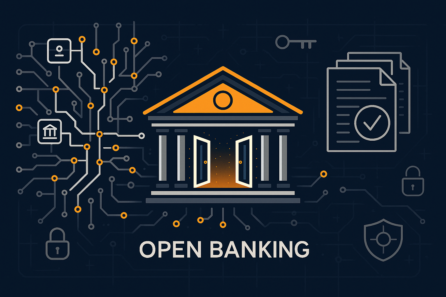 ide 2.15:1 vector illustration showing a classical bank building with open doors at the center, symbolizing regulated open banking. Surrounding elements include interconnected API network nodes on the left, compliance documents with a verification checkmark on the right, and subtle security icons such as locks and shields. The background features a dark navy tech grid with white, grey, and AMLI-orange accents.