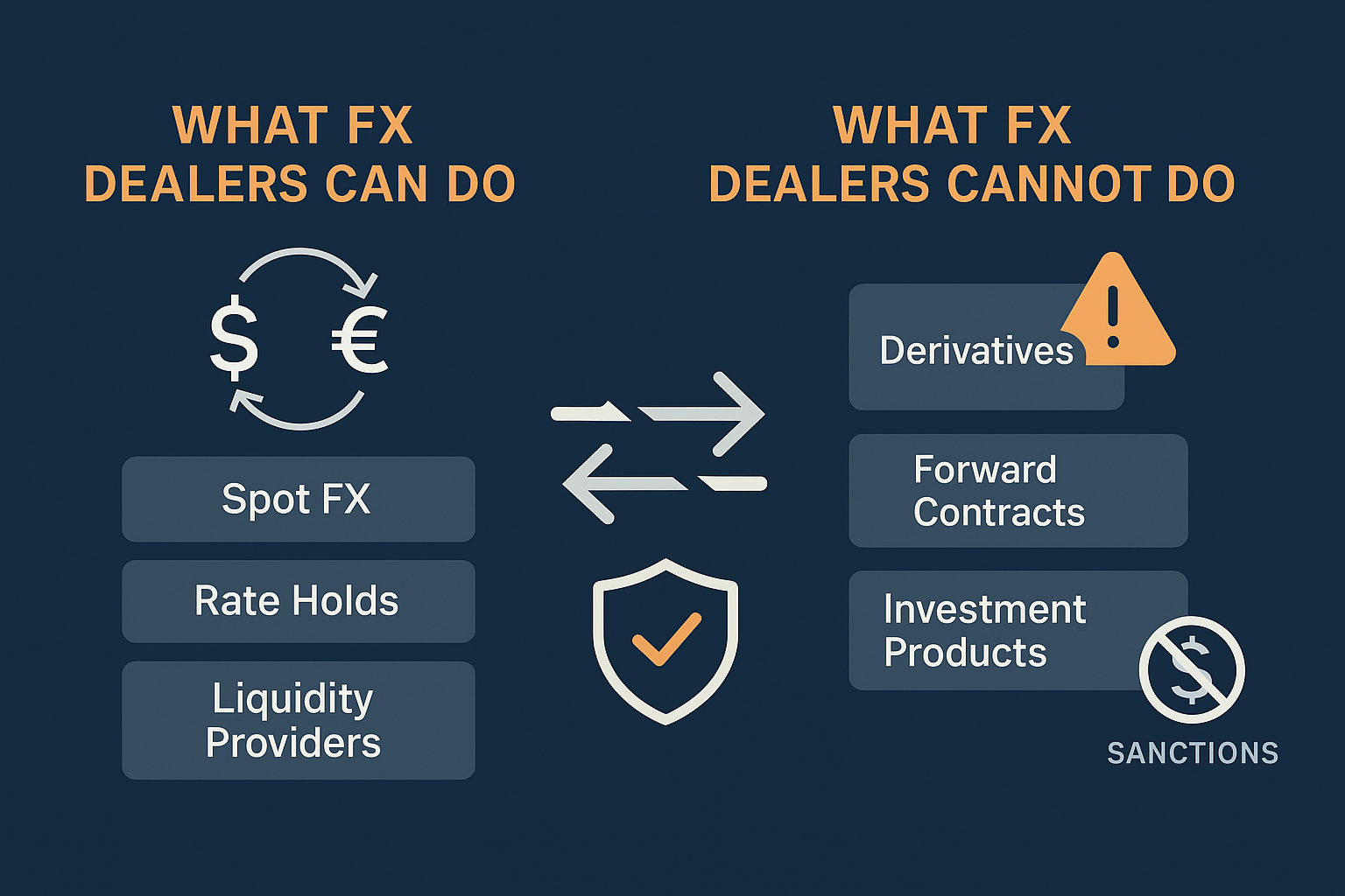 Wide infographic comparing permitted and prohibited FX dealer activities. Left side lists Spot FX, Rate Holds, and Liquidity Providers under a currency exchange icon. Right side lists Derivatives, Forward Contracts, Investment Products, and Sanctions restrictions with warning symbols. Center features exchange arrows and a compliance shield, using AML Incubator’s dark blue, gray, and orange vector style with full margins.
