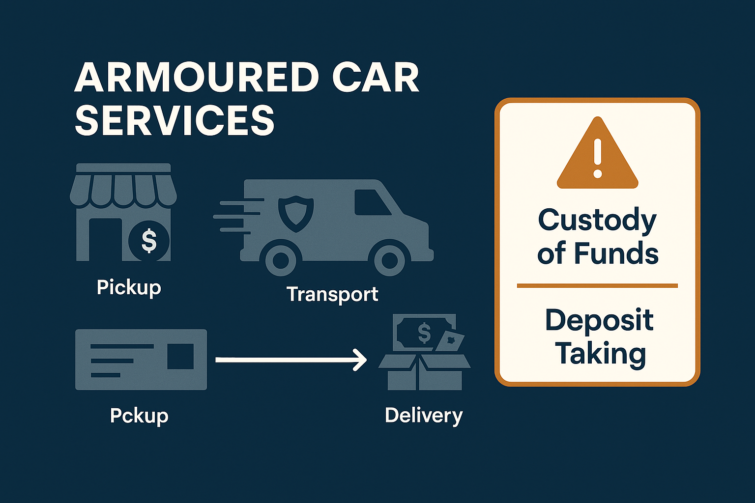Wide infographic titled Armoured Car Services showing the flow of secure cash transport: Pickup, Transport and Delivery, each represented with clean vector icons. A warning box on the right highlights prohibited activities including Custody of Funds and Deposit Taking. Designed in AML Incubator’s dark blue, gray and orange palette with accurate text and clear margins.”