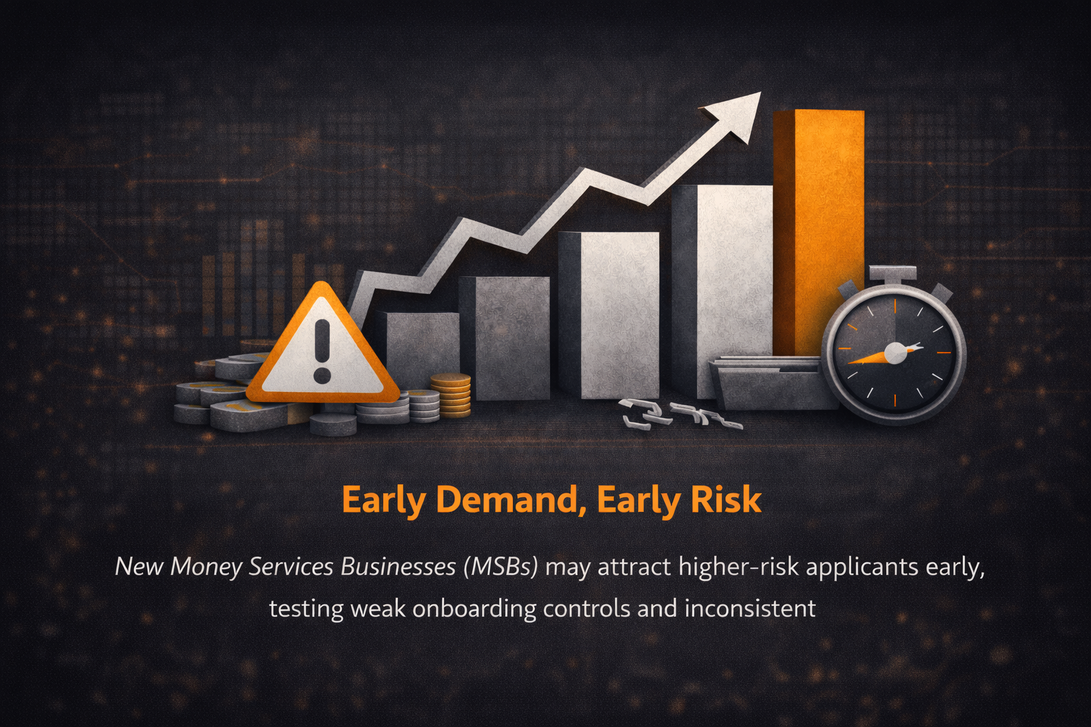 Dark compliance-themed infographic showing rising bar charts and an upward arrow with a warning sign, coins, and a stopwatch, illustrating how new Money Services Businesses (MSBs) may face early demand from higher-risk applicants testing weak onboarding controls.
