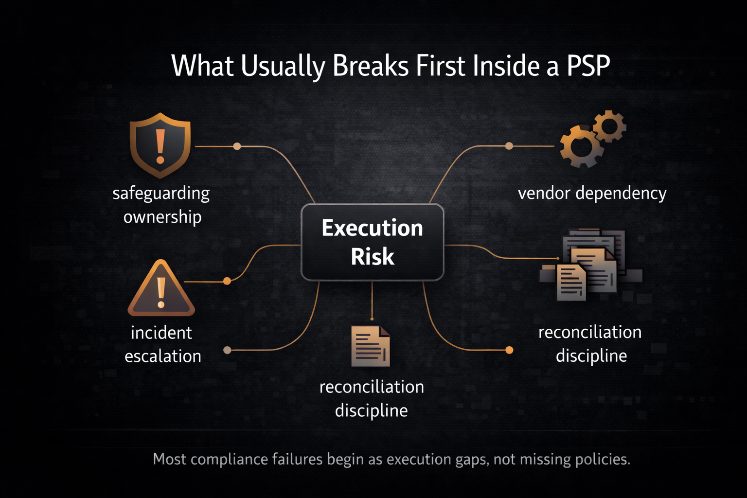 Execution risk infographic for payment service providers, showing common compliance breakdowns including safeguarding ownership, incident escalation, vendor dependency, and reconciliation discipline inside a PSP.