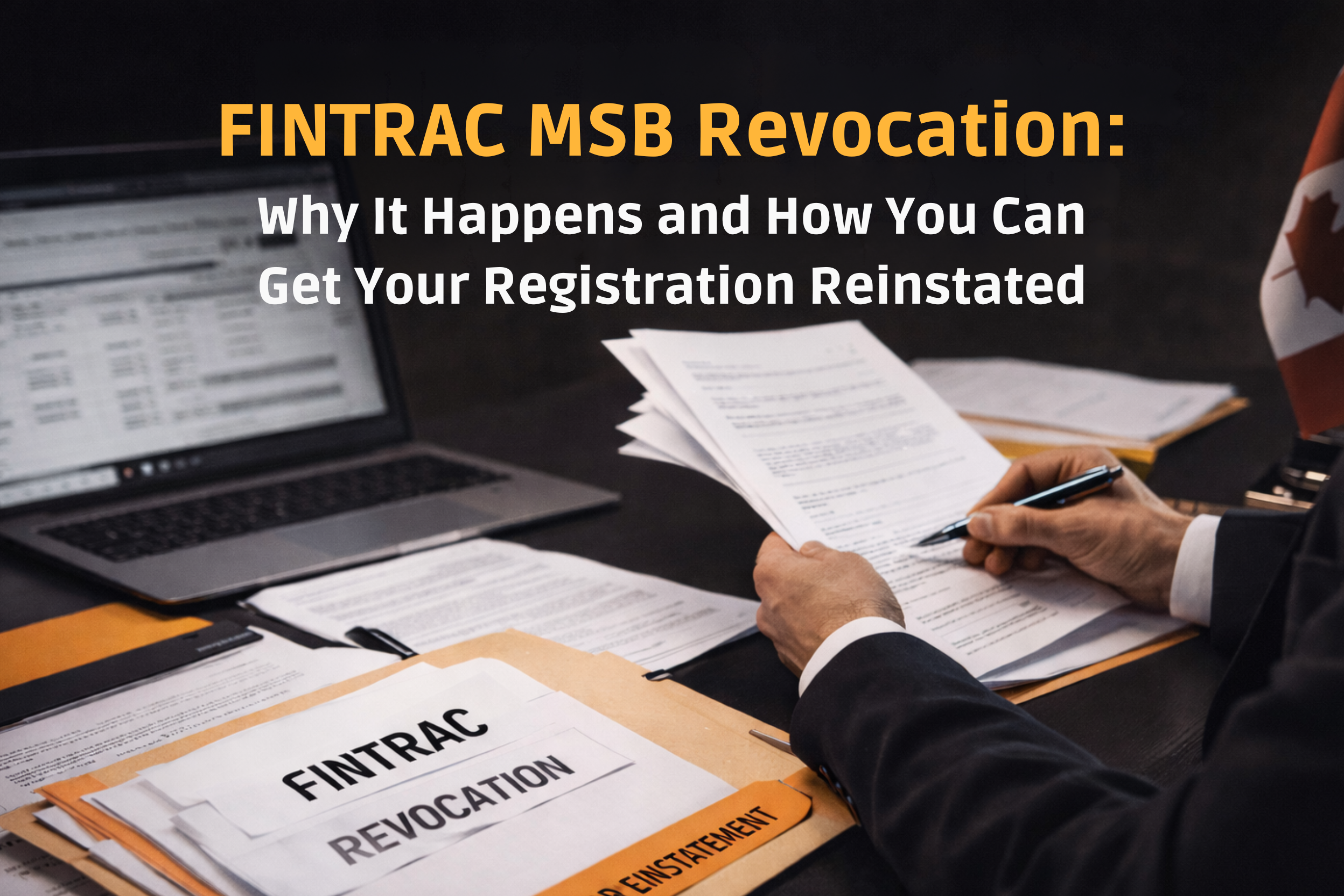 Compliance professional reviewing FINTRAC MSB revocation documents and reinstatement file at a desk, representing the review and recovery process for Canadian money services businesses with revoked registrations.