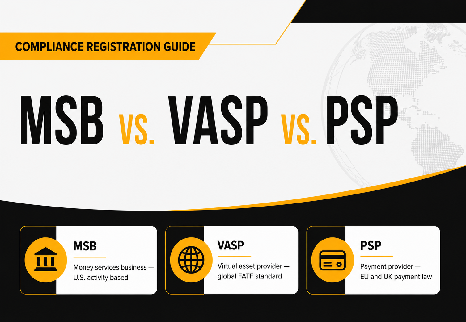 Comparison chart showing the differences between MSB, VASP, and PSP registration categories including jurisdiction, regulator, activities covered, and licensing requirements