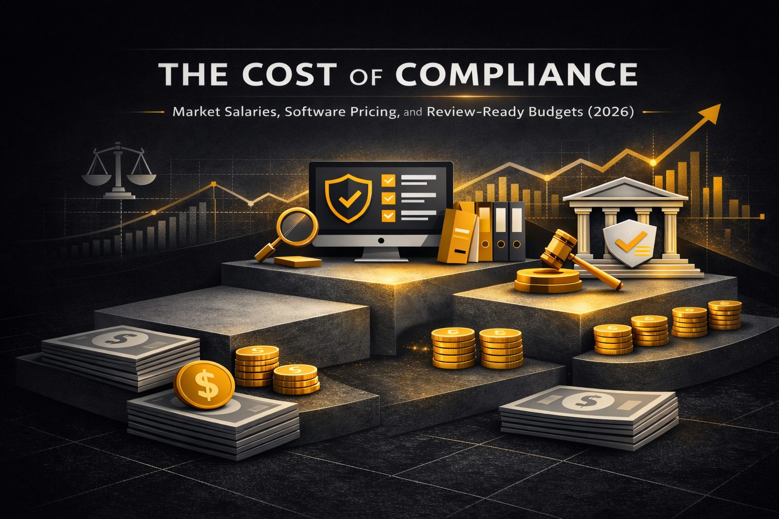 Minimalist compliance header illustrating compliance cost layers through abstract institutional shapes, budget bands, and governance symbols on a dark background.