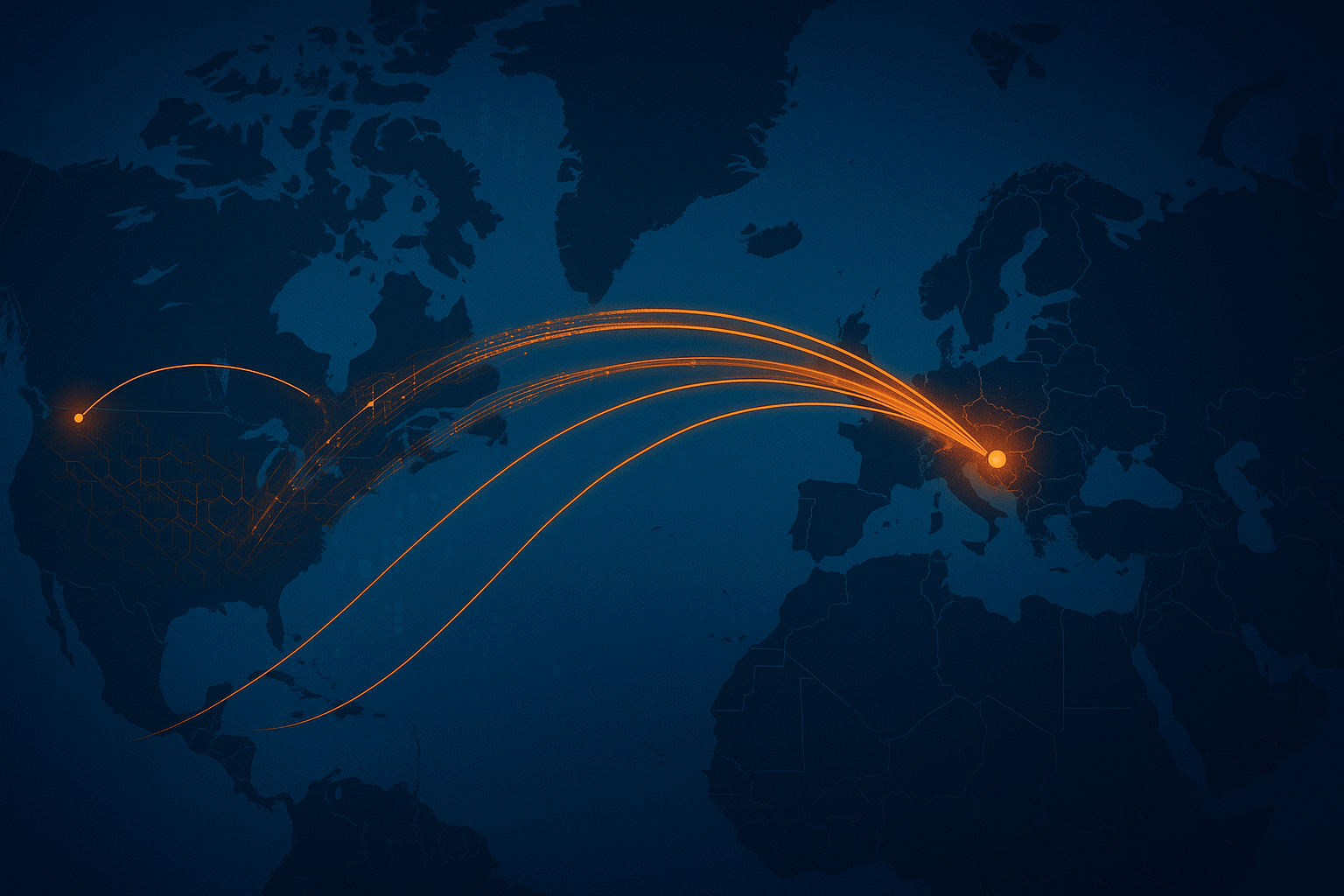 A wide digital map showing Poland highlighted in bright orange on the right and Canada on the left, with multiple glowing orange arcs extending from Poland across the Atlantic and landing at several points inside Canada. The background is dark navy with subtle geometric grid lines, and the overall design uses a high-contrast, modern fintech aesthetic with no text or labels.