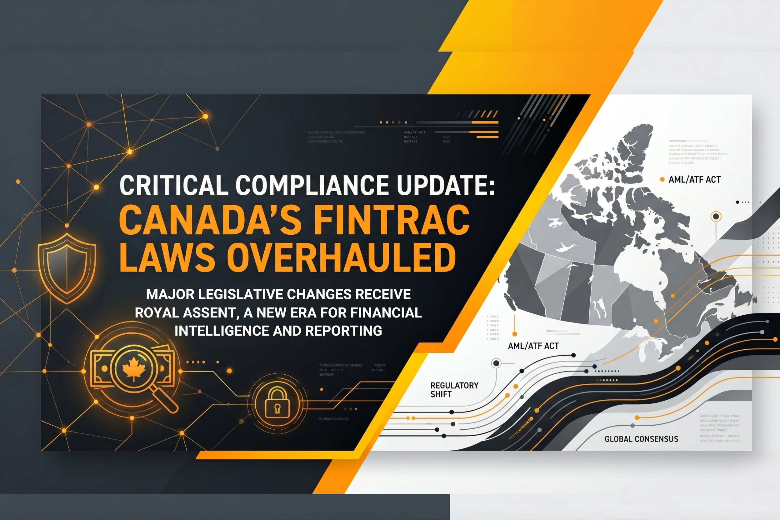 Infographic showing the six FINTRAC 2026 legislative amendments affecting Canadian MSBs, fintechs, and crypto platforms, including new monetary penalties, mandatory enrollment, and stablecoin registration requirements