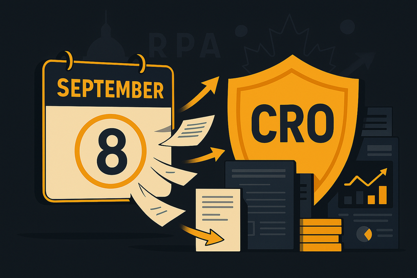 Flat vector illustration of RPAA compliance deadline in Canada. A glowing calendar highlights September 8 on the left, representing the enforcement date. On the right, a shield labeled CRO protects stacks of compliance documents and digital dashboards, symbolizing Chief Risk Officer accountability for governance, safeguarding funds, and risk management under the Retail Payment Activities Act. Subtle Bank of Canada motifs in the background emphasize regulatory oversight.