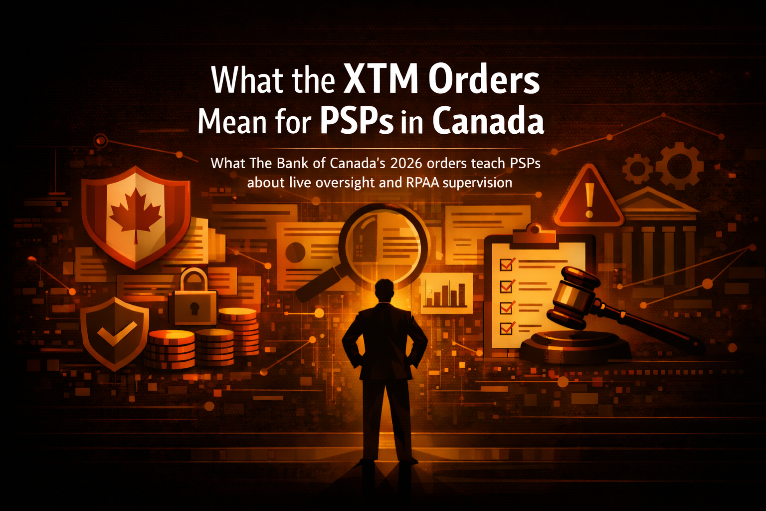  Bank of Canada XTM orders infographic for Canadian payment service providers, showing key themes including RPAA supervision, compliance oversight, governance, audit readiness, operational controls, and regulatory risk.