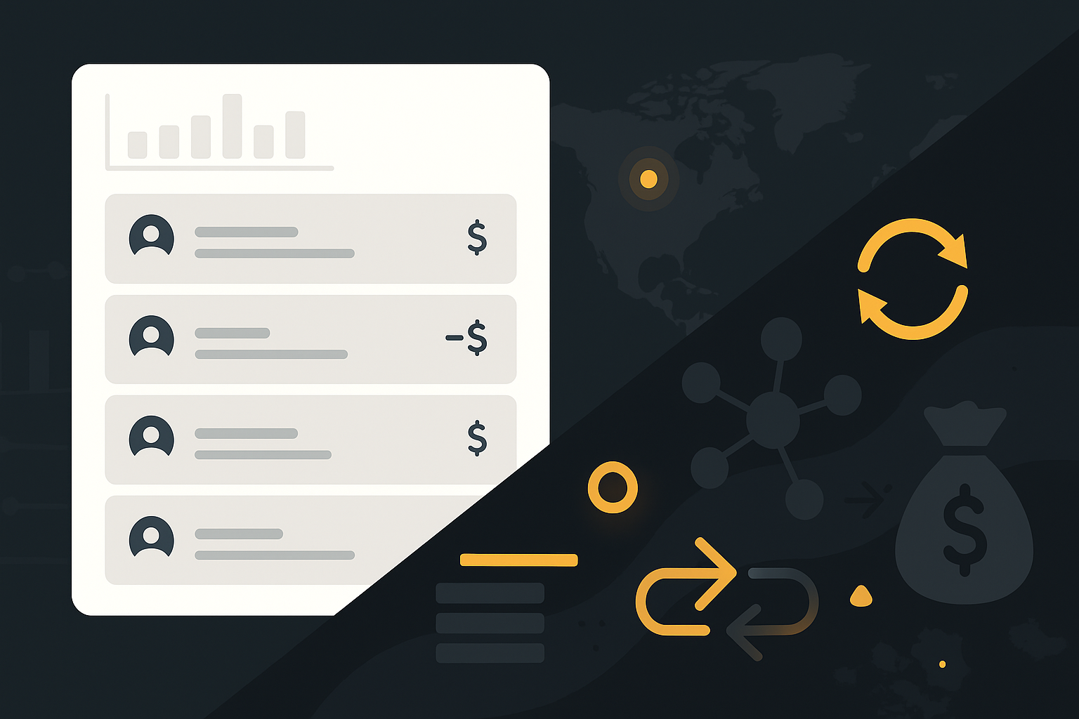 Flat vector AML compliance illustration in a 2.15:1 aspect ratio, showing a split-screen between a bright fintech transaction monitoring dashboard and a dark layer of hidden suspicious activity. The clean white and gray interface (#FCFDFE, #ECEBE8) on the left symbolizes FINTRAC-compliant MSB and fintech operations, while the shadowed right side reveals anti-money laundering red flags: structured transactions, third-party payment mules, cash movement patterns, crypto mixers, and high-risk jurisdiction hotspots. AML Incubator’s brand colors—dark navy background (#1C1B1B) and orange-gold (#EFA901) highlights—emphasize detection of money laundering risks, regulatory oversight, and financial crime prevention.