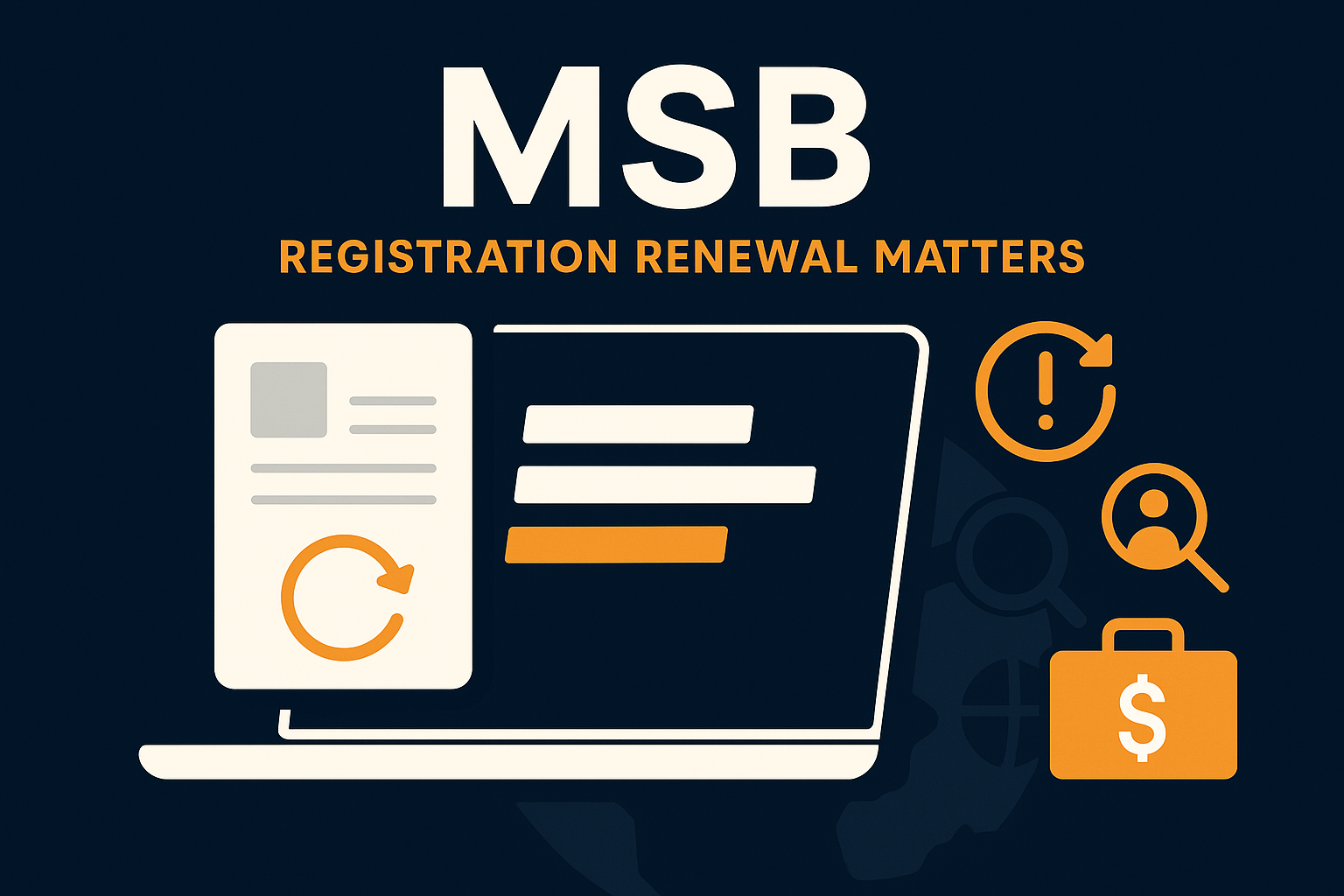 Illustration of MSB registration renewal concept, showing a laptop screen, renewal icons, and compliance symbols with the text “MSB Registration Renewal Matters."