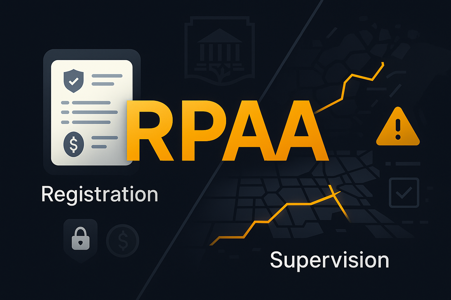 Flat vector illustration on RPAA compliance for Canadian payment service providers. The image shows a split diagonal design: on the left, a bright fintech dashboard with governance, risk, and safeguarding icons; on the right, a dark regulatory layer highlighting penalties, operational resilience, and user protection. Corporate design uses AML Incubator brand colors with dark navy background, white/gray compliance elements, and orange-gold highlights to emphasize RPAA registration, Bank of Canada oversight, and continuous regulatory supervision.