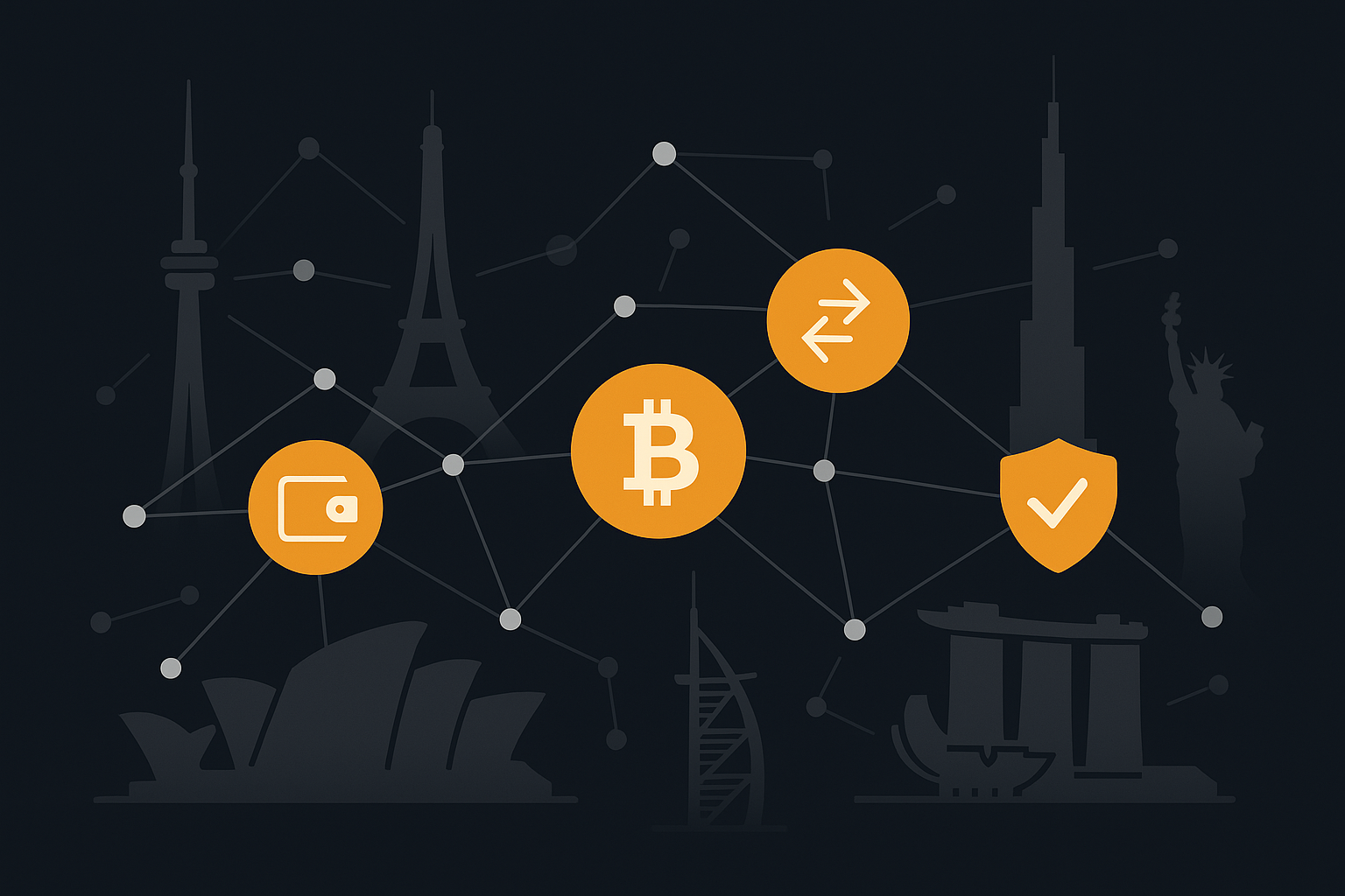 Flat-style digital illustration showing global Virtual Asset Service Provider (VASP) compliance. A stylized world map highlights major jurisdictions—Canada, EU, UAE, Singapore, and the US—with floating icons for registration, AML compliance, crypto regulation, and audit readiness. Visual elements emphasize international crypto compliance, regulatory requirements, and VASP licensing support.